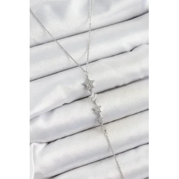 Pirinç Zirkon Taşlı Sıralı Yıldız Figürlü Y Model Gümüş Renk Kadın Kolye