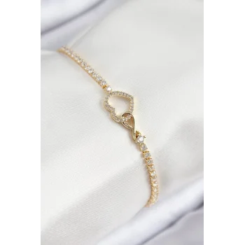 Pirinç Zirkon Taşlı Sonsuzluk Kalp Model Gold Renk Kadın Bileklik