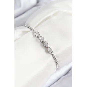 Pirinç Zirkon Taşlı Sonsuzluk Model Gümüş Renk Asansörlü Kadın Bileklik