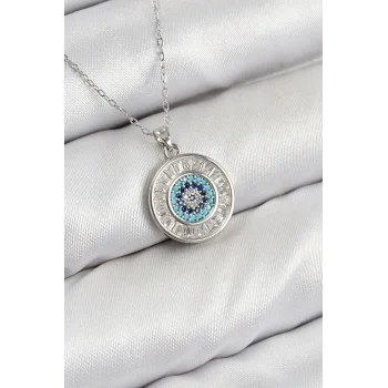 Pirinç Zirkon Taşlı Su Yolu Nazar Model Gümüş Renk Kadın Kolye