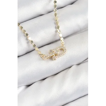 Pirinç Zirkon Taşlı Tifany Model Ezme Zincir Gold Renk Kadın Kolye