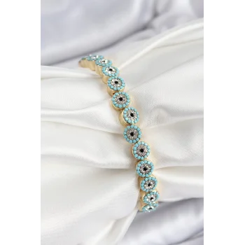 Pirinç Zirkon Taşlı Turkuaz Nazar Model Gold Renk Lastikli Kadın Bileklik