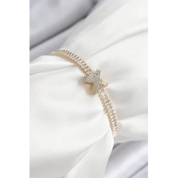 Pirinç Zirkon Taşlı X Detaylı Su Yolu Model Gold Renk Asansörlü Kadın Bileklik