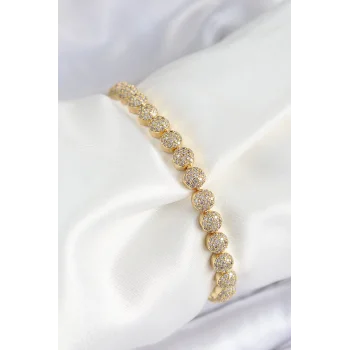Pirinç Zirkon Taşlı Yarım Topcuk Model Gold Renk VIP Seri Kadın Bileklik
