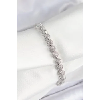 Pirinç Zirkon Taşlı Yarım Topcuk Model Gümüş Renk VIP Seri Kadın Bileklik