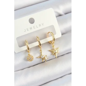 Pirinç Zirkon Taşlı Yıldız Model Gold Renk 3lü Çift Kadın Küpe Set