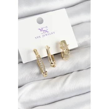 Pirinç Zİrkon Taşlı Yıldız Model Gold Renk 3lü Kadın Küpe