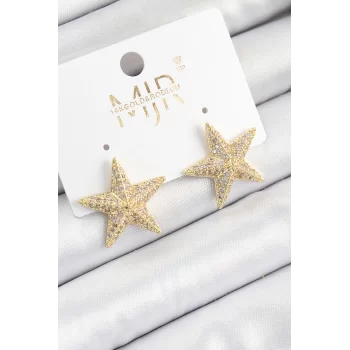Pirinç Zirkon Taşlı Yıldız Model Gold Renk Kadın Küpe