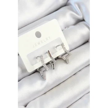 Pirinç Zirkon Taşlı Yıldız Model Gümüş Renk 3lü Çift Kadın Küpe Set