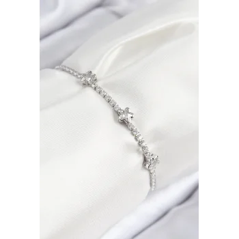 Pirinç Zirkon Taşlı Yıldız Model Gümüş Renk Asansörlü Kadın Bileklik