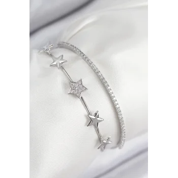 Pirinç Zirkon Taşlı Yıldız Model Gümüş Renk Kadın Bileklik
