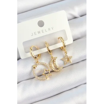 Pirinç Zirkon Taşlı Yıldız Ve Ay Model Gold Renk 3lü Kadın Küpe Set
