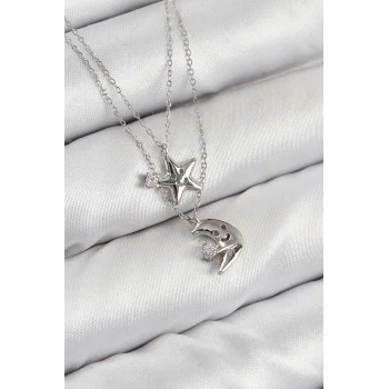 Pirinç Zirkon Taşlı Yıldız Ve Ay Model Gümüş Renk Kadın Kolye
