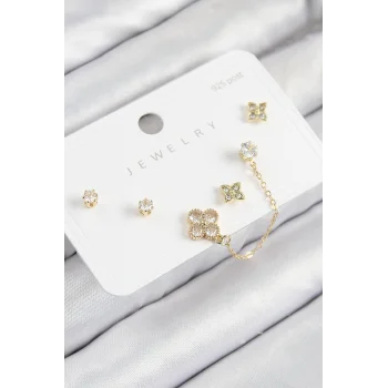 Pirinç Zirkon Taşlı Yonca Model Gold Renk 925 Ayar Gümüş Çivi Kadın Küpe Set