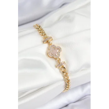 Pirinç Zirkon Taşlı Yonca Model Gold Renk Kadın Bileklik