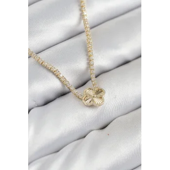 Pirinç Zirkon Taşlı Yonca Model Gold Renk Kadın Kolye