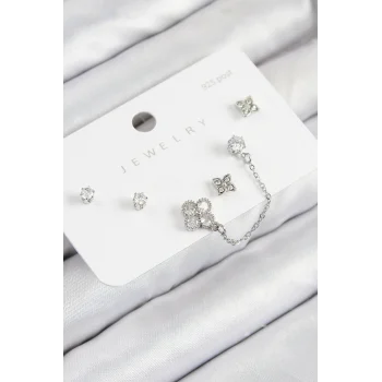 Pirinç Zirkon Taşlı Yonca Model Gümüş Renk 925 Ayar Gümüş Çivi Kadın Küpe Set