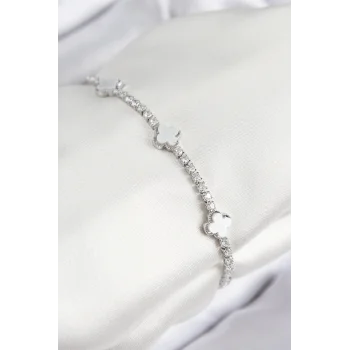 Pirinç Zirkon Taşlı Yonca Model Gümüş Renk Kadın Bileklik