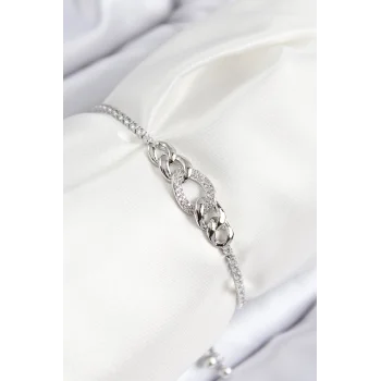 Pirinç Zirkon Taşlı Zincir Model Gümüş Renk Asansörlü Kadın Bileklik