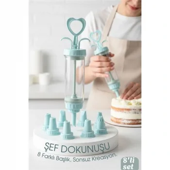 Profesyonel 8li Başlıklı Pasta Krema Süsleme Pompası Seti Enjektör Uçlu