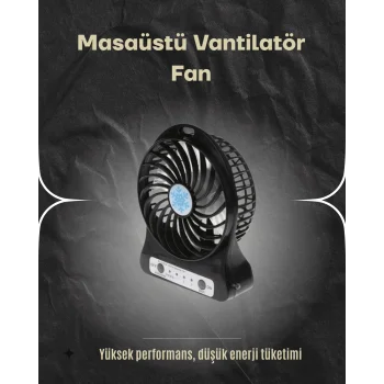 Şarjlı USB Fan – Masaüstü Mini Vantilatör, Taşınabilir, Işıklı, 3 Kademeli, Sessiz
