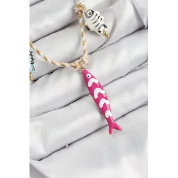 Seramik Motifli Pembe Balık Figürlü Model Krem İp Kadın Kolye