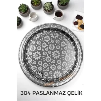 Servis Tepsisi - Çelik Çay Tepsisi  Şık Desenli Tepsi 36 CM