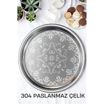 Servis Tepsisi - Çelik Çay Tepsisi  Şık Desenli Tepsi 41 CM