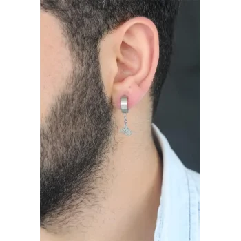 Silver Renk Kaplama Osmanlı Tuğra Figürlü Kıstırmalı Çelik Erkek Küpe