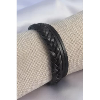 Siyah Burgu Model Deri Erkek Bileklik