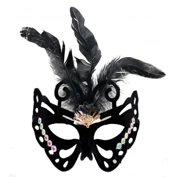 Siyah Renk Siyah Süet Kaplama Tüylü Kelebek Figür Parti Maskesi 24x18 cm (5047)