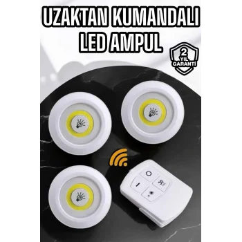 Spot Lamba Led Işık 3lü Uzaktan Kumandalı Pilli Yapışkanlı Kablosuz