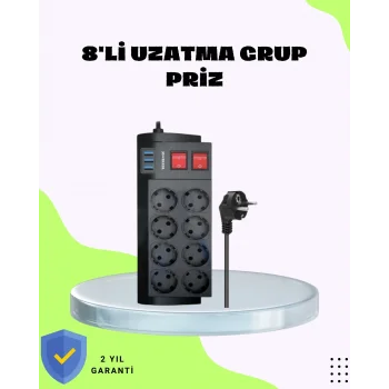Termal Korumalı 8 Prizli 3 USB’li Uzatma Kablosu