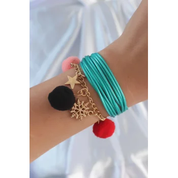 Turkuaz Renk Kar Tanesi Figür Zincir Detay İpli Çoklu Bileklik