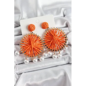 Turuncu Hasır Örgü Sarmal Model Sallantılı İnci Detaylı Gold Renk Kadın Küpe