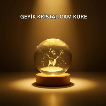 USB Bağlantılı Geyik Temalı Kristal Küre Premium Masa Gece Lambası