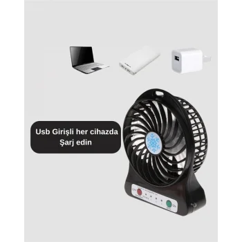 USB Girişli Taşınabilir Masaüstü Mini Fan – 3 Kademeli Hız, Şarjlı, Işıklı, Sessiz Çalışma