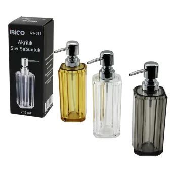 UZUN KARE TABAN -SEKİZGEN GÖVDE ŞEFFAF - RENKLİ AKRİLİK - MİKA KRİSTAL SIVI SABUNLUK 200ML (5047)