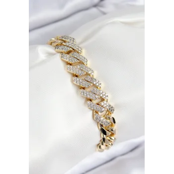 VIP Pirinç Zirkon Taşlı Cuba Model Gold Renk Kadın Bileklik