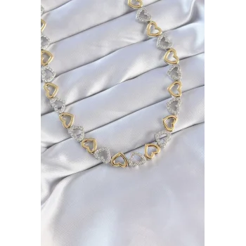 Vip Seri Pirinç Çift Renk Zirkon Taşlı İçi Boş Kalp Tasarımlı Kolye