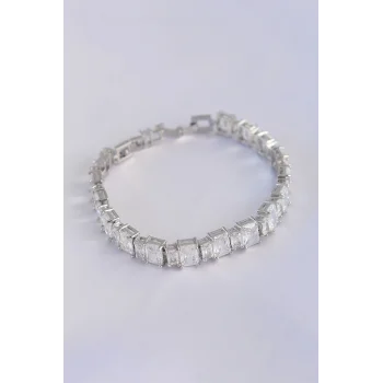 Vip Seri Pirinç Zirkon Taşlı Gümüş Renk Baget Su Yolu Model Bileklik