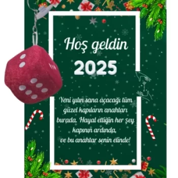 Yeni Yıl Kart Üzerinde Anahtarlık (Kişiye Özel Yazı Yazdırılabilir) Zar Model