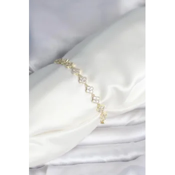 Zirkon Taşlı Pirinç Yonca Model Bileklik