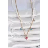 316L Çelik Gold Renk 2Li İnci Zincir Model Pembe Taşlı Kalp Figür Nazar Boncuk Detay Kadın Kolye