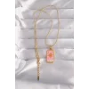 316L Çelik Gold Renk Pembe Mineli Güneş Model Tarot Kolye