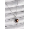 316L Çelik Gümüş Renk Zincir Kilit Kalp Kehribar Boncuk Model Kadın Kolye