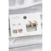 Pirinç Gold Renk Burgu Halka Model Zirkon Taşlı Kare Detay 3 Çift Kadın Küpe Seti