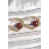 Pirinç Gold Renk Halka Model Kahverengi Boncuk Detay Kadın Küpe