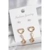 Pirinç Gold Renk Zirkon Taşlı Sallantı Kalp Model Kadın 3 Çift Küpe Seti