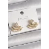 Pirinç Gold Renk Zirkon Taşlı Yelpaze Model Kadın Küpe